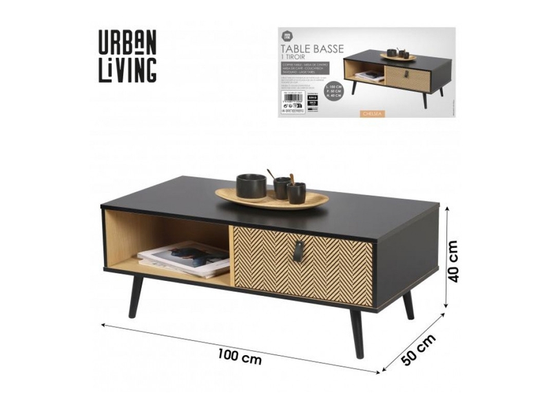  Table basse chelsea avec tiroir et poignée effet cuir - 100 x 50 x h40 cm - effet bois et noir  - Conforama B