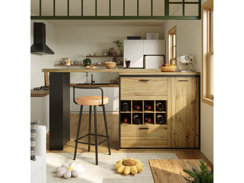  Table extensible 138-220x39x105 cm avec rangement intégré, tiroirs et range-bouteilles, mdf, métal, effet bois  - Conforama B