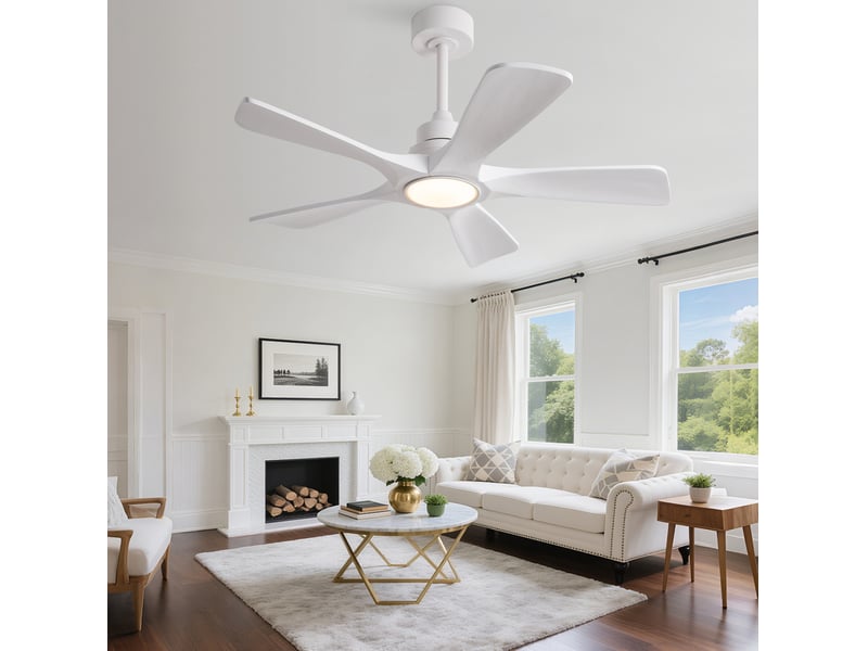  Ventilateur de plafond 106x106x34,5 cm blanc à 5 pales avec led et télécommande  - Conforama E
