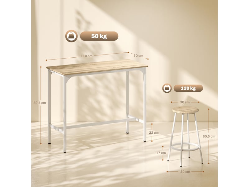  Ensemble table haute et 4 tabourets avec style repose-pieds moderne, structutre en métal effet bois naturel  - Conforama C