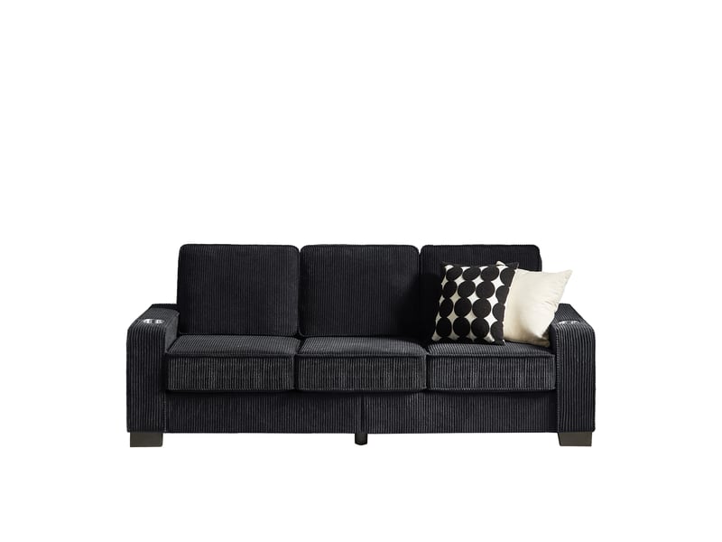  Canapé droit 3 places noir tissu côtelé avec rangement intégré et porte-gobelets design salon moderne  - Conforama A