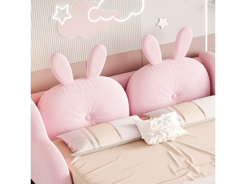  Lit capitonné en velours bouclette, 140 x 200 cm, lit enfant avec des coussins en forme de lapin, rose  - Conforama E