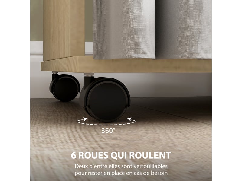  Armoire penderie meuble de rangement mobile 6 roulettes 120l x 40l x 128h cm en bois naturel  - Conforama R