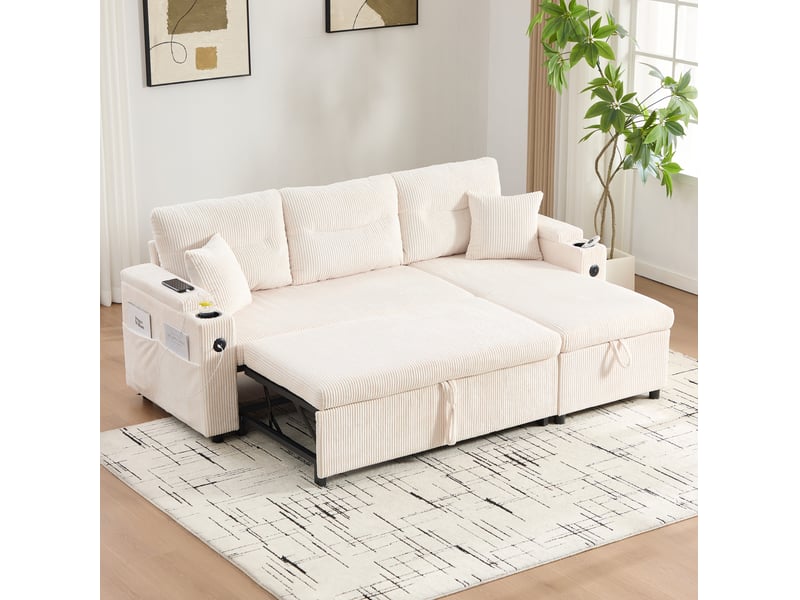  Canapé d'angle 3 places modenvie en velours côtelé beige avec méridienne, rangement, lit tiroir et usb c  - Conforama B