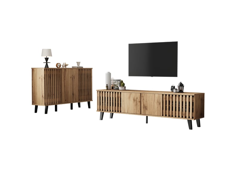  Ensemble meuble tv et buffet 180x40x55 150x40x95 cm – coloris bois naturel – 14 compartiments pratiques  - Conforama A