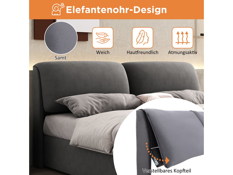 Lit coffre 160x200 cm gris, velours, sommier relevable hydraulique, 3 tiroirs, tête de lit réglable, sommier à lattes inclus - Conforama D