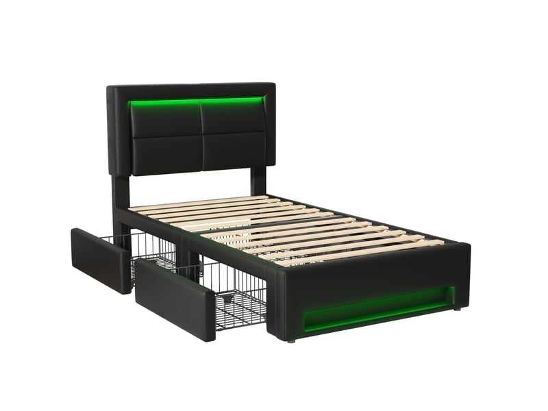  Lit enfant 90x200cm avec 4 tiroirs, ports usb de chargement, lumières led, design moderne, pu, noir, sans matelas  - Conforama E