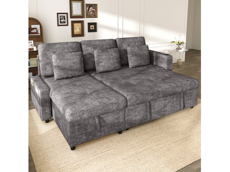  Canapé convertible 3 places avec méridienne, coffre de rangement, porte-gobelet et étagère en chenille gris  - Conforama E