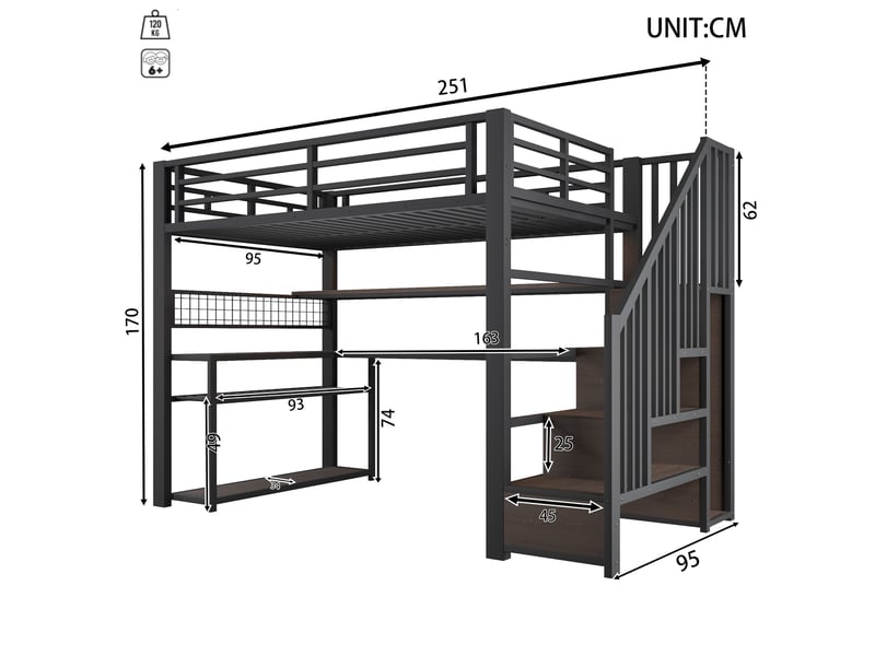  Lit mezzanine 1 place 90×200 cm avec bureau, armoire et led - okmyhome- noir, sans matelas, métal et mdf  - Conforama D