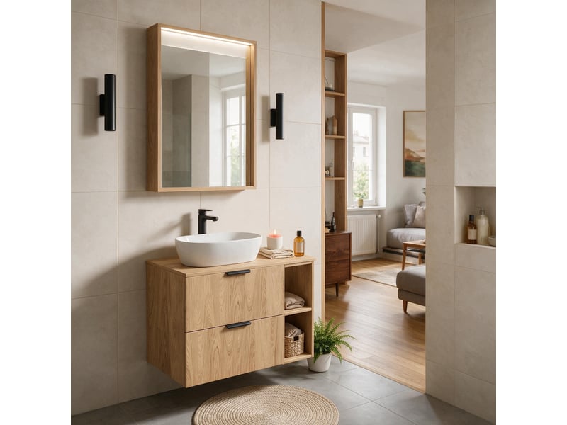  Meuble sous vasque suspendu avec étagère luna effet chêne hikora 80 cm  - Conforama B
