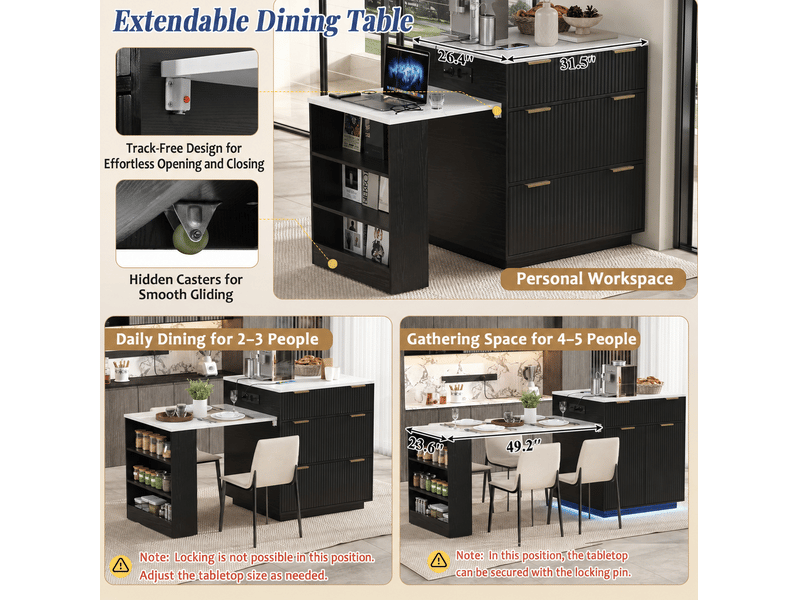  Desserte de cuisine extensible avec 4 tiroirs, 3 niches, led et prises intégrées, noir, 127,5–205 × 67 × 92 cm  - Conforama E