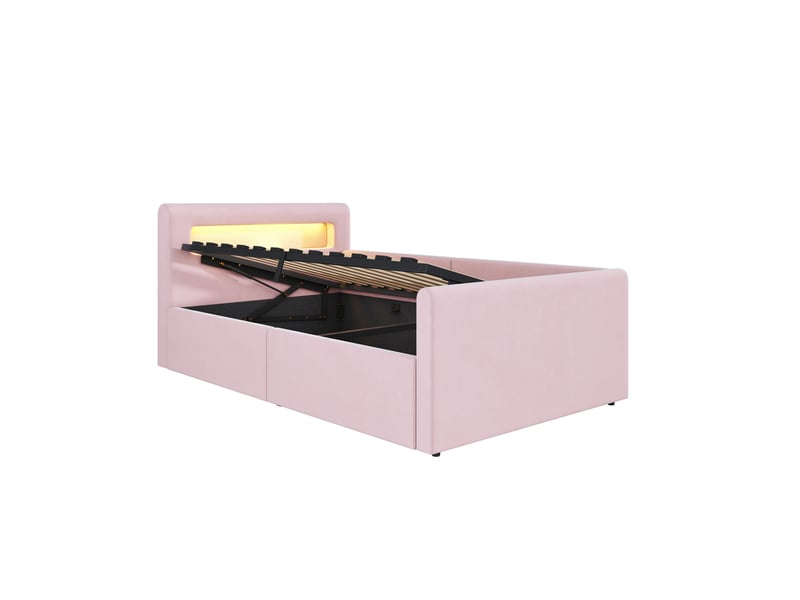 Lit enfant 90x200, velours rose, led, usb, étagère et rangement hydraulique - Conforama E