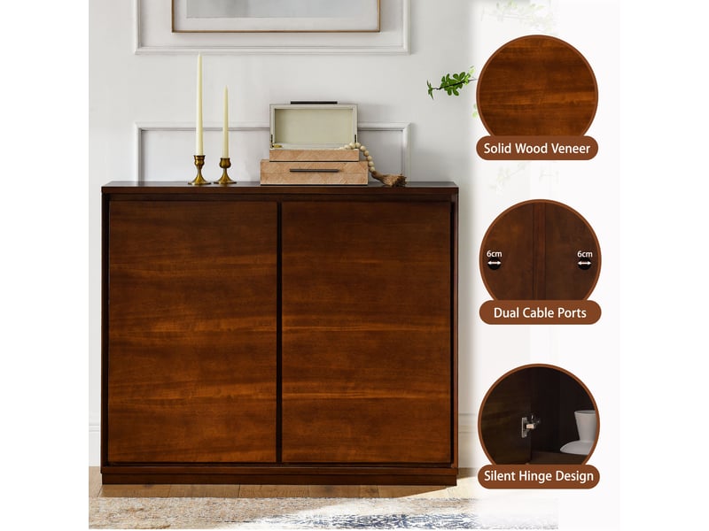  Buffet étroit 99x23,5 cm avec 2 portes, grand rangement et 2 ouvertures pour prises murales, mdf, style mid-century, effet noyer  - Conforama E