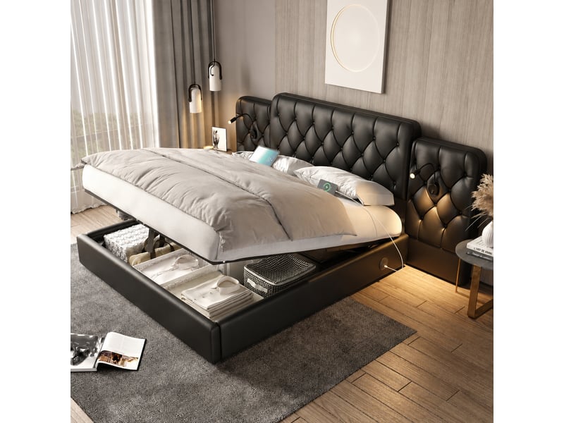  Lit coffre 160 x 200 cm noir en similicuir pu, relevage hydraulique, tête capitonnée, liseuses et ports usb  - Conforama D