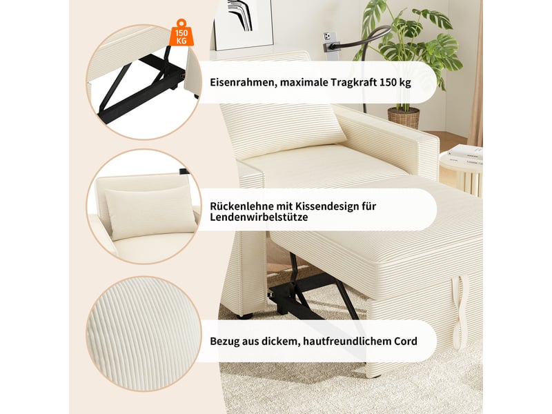  Canapé 1 place en velours côtelé beige avec dossier réglable 3 positions et port usb type-c  - Conforama E