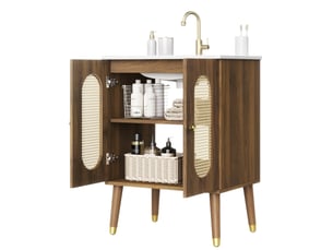 Meuble sous vasque avec 2 portes en rotin, 2 étagères fixes et vasque en céramique, noyer, 61 × 47 × 89 cm