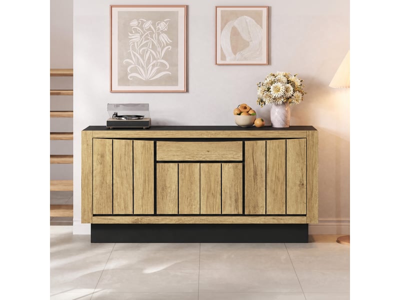  Buffet de rangement 140x40x60cm, 4 portes et 1 tiroir, fermeture douce, sans poignées, mdf, pour salon, finition bois et noir  - Conforama B