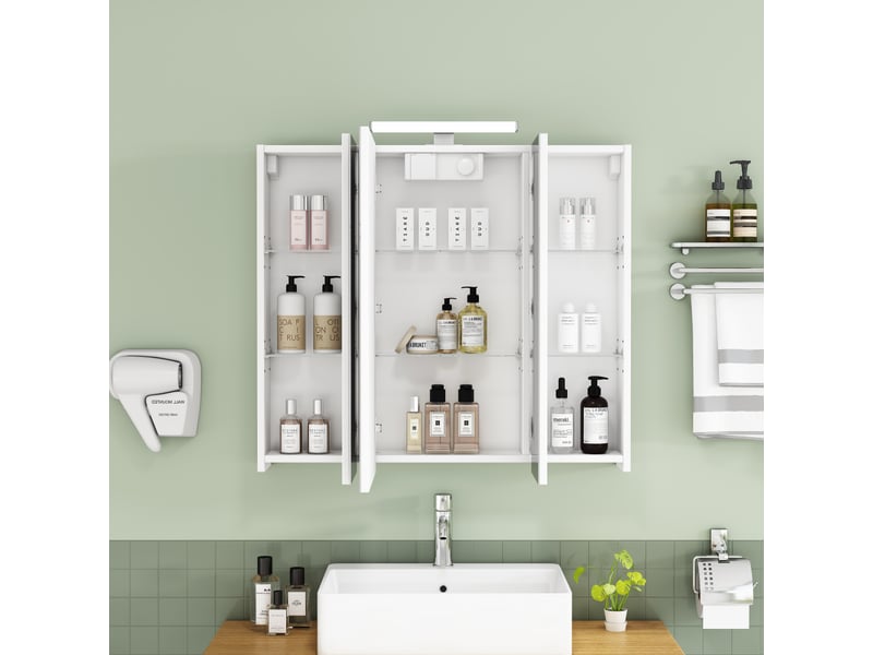  Meuble miroir salle de bain mural 80cm blanc led, prise fr, 3 portes, préassemblé  - Conforama B