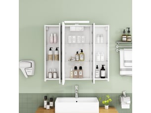 Meuble miroir salle de bain mural 80cm blanc led, prise fr, 3 portes, préassemblé