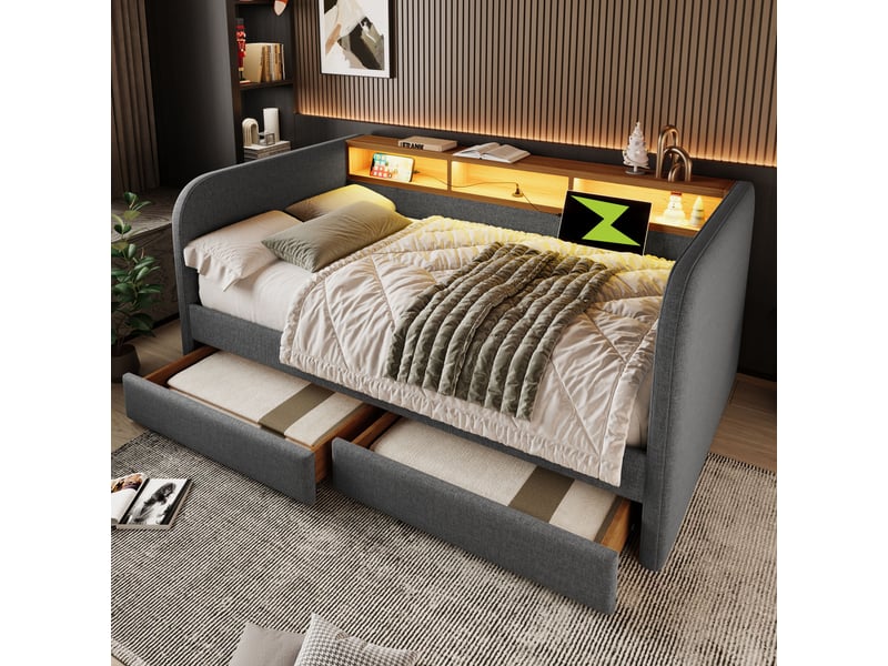Lit banquette rembourré 140x190 cm, canapé-lit en lin avec led, usb-c, 2 tiroirs et tête de lit avec rangement, sans matelas - Conforama E