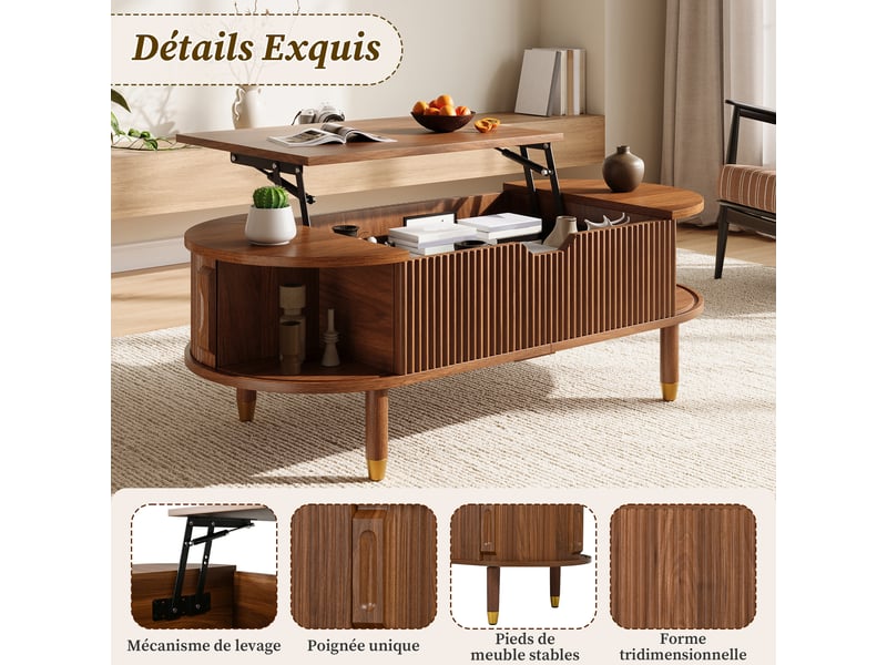  Table basse relevable 110x48x57 cm, rangement, portes coulissantes à rainures, noyer  - Conforama E