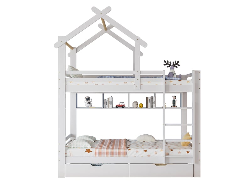 Lit superposé enfant maison 90x200 cm avec tiroirs, étagères et échelle, blanc - Conforama A