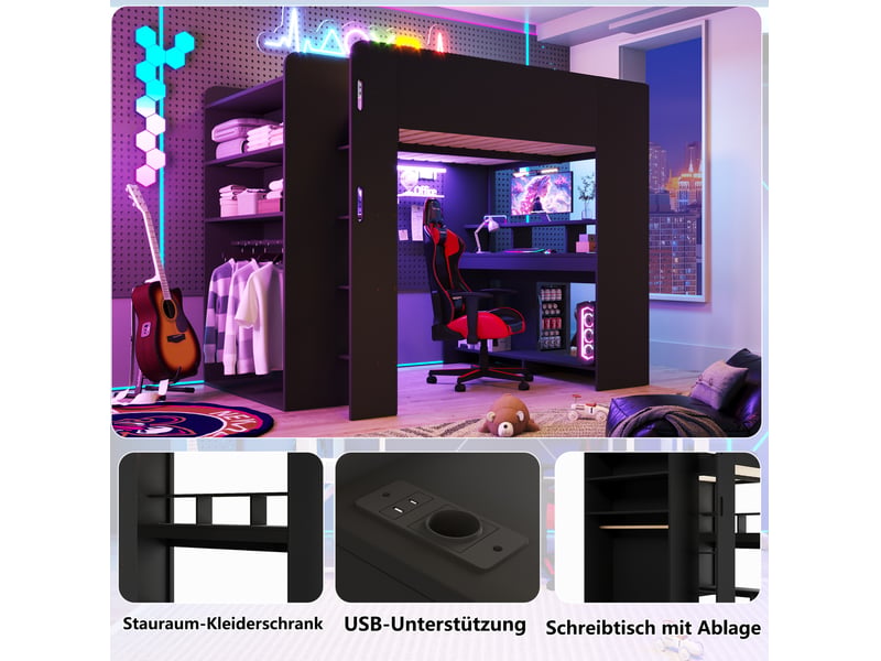 Lit mezzanine 140 × 200 cm avec bureau, armoire, rangements, led et prise usb pour chambre, noir, 243 × 147 × 170 cm - Conforama E