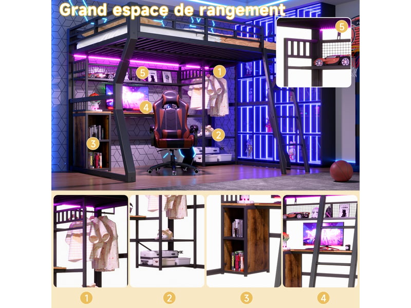  Lit mezzanine, 140 x 200 cm, structure en fer, avec éclairage intégré, prise électrique, penderie, bureau, rangements, étagères, espace ouvert sous le lit, matelas non inclus, noir  - Conforama E