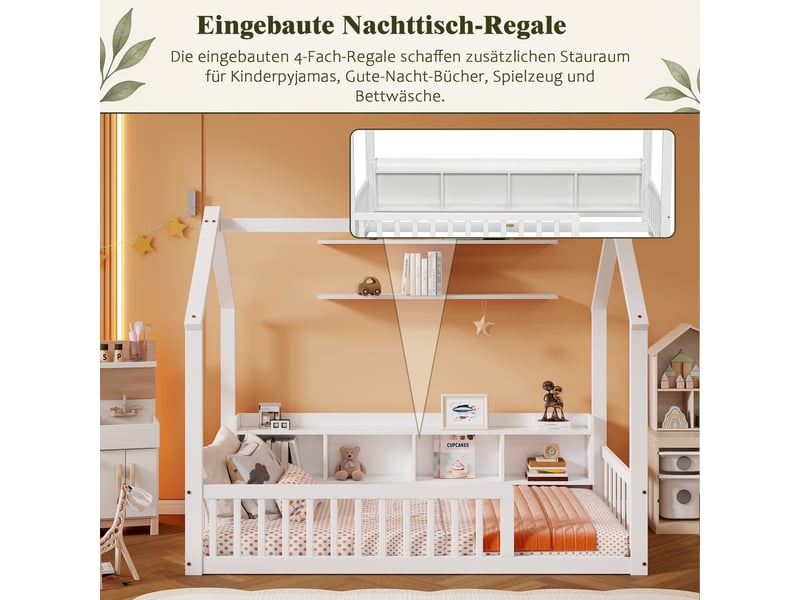  Lit cabane enfant 90 × 200 cm en bois de pin avec barrières de sécurité, étagères de rangement intégrées et cadre maison - blanc  - Conforama E