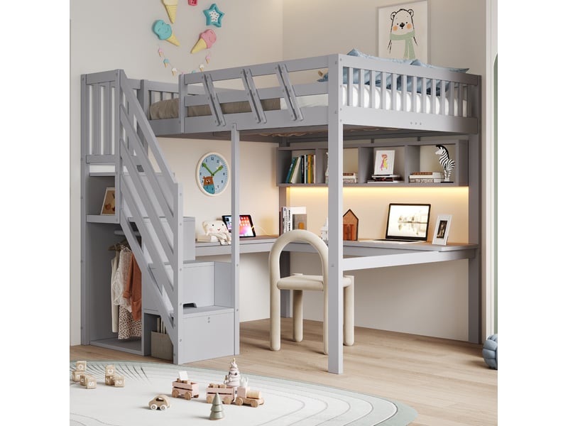 Lit mezzanine enfant 140x200 cm – gris – bureau, rangements et éclairage led intégré – sans matelas - Conforama B