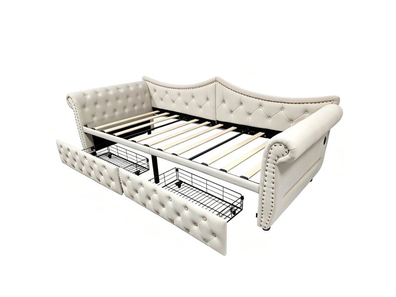  Lit banquette rembourré 90x200 cm beige led velours  - Conforama A