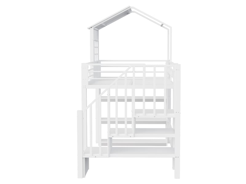 Lit mezzanine maisonnette métal blanc 90x200 cm, barrière haute, étagères et escalier réversible - Conforama D