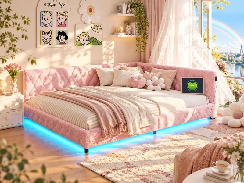  Lit coffre 140x200 cm led rgb sous-lit, lit capitonné avec usb, sommier à lattes  - Conforama B