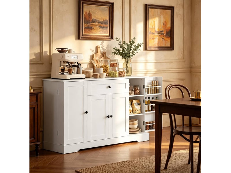 Buffet de cuisine 140x40x80 cm, 4 portes et 1 tiroir, blanc  - Conforama D