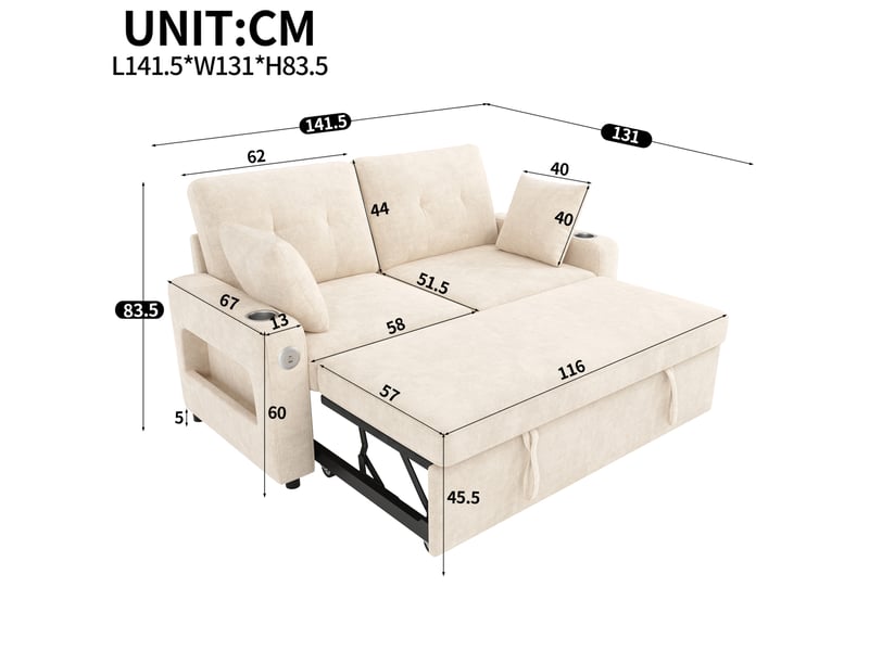 Canapé convertible 2 places 141,5x131x83,5 cm avec led métal bois beige - Conforama E