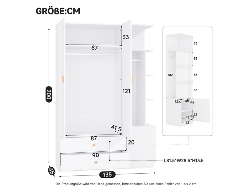  Armoire 135x45x200 cm à portes battantes, 2 tringles, 2 tiroirs, poignées en bois, mdf, bois et métal, blanc  - Conforama C