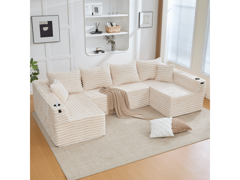  Canapé panoramique en u modulable avec porte-gobelets, poches et coussins en velours côtelé beige, 320 × 155 × 88 cm  - Conforama C