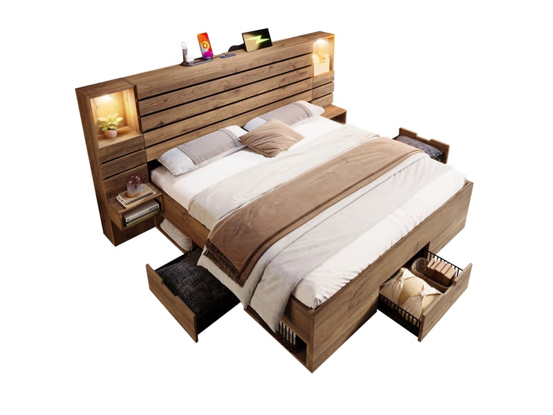 Lit double adulte 180x200 cm, tiroirs, chevets, niche éclairée, usb type-c, spots éclairage led, mdf+métal, chêne, sans matelas - Conforama A
