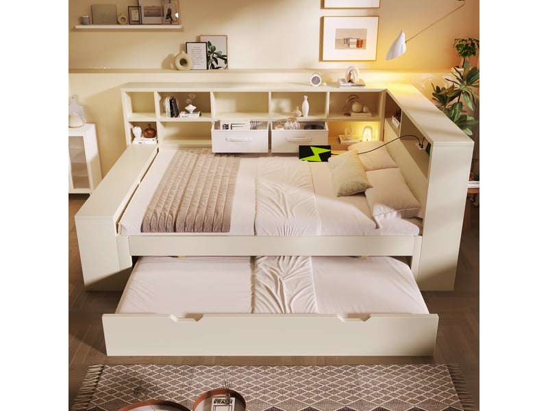  Lit extensible 140x190 cm - avec rangement - en bois - blanc CARDUME ESTIVAL - Conforama E