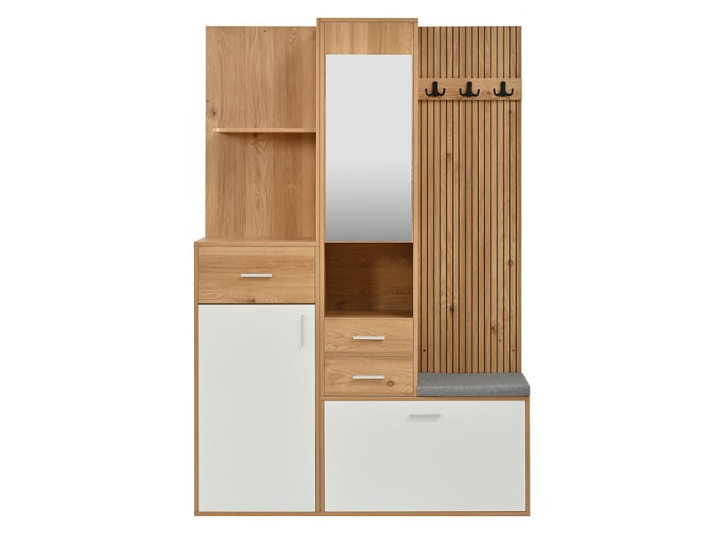  Vestiaire d'entrée avec banc, miroir et led 120 x 32 x 178 cm, blanc et naturel  - Conforama A