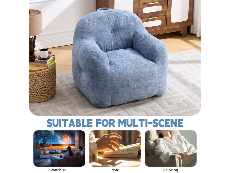  Pouf en fausse fourrure avec accoudoirs, sans assemblage, salon chambre lecture, bleu  - Conforama D