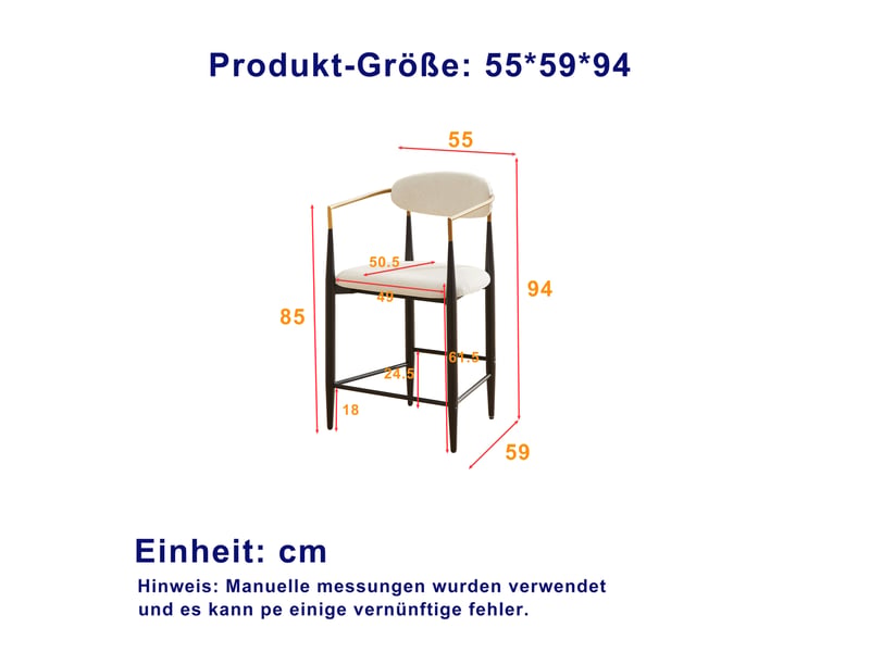  Tabourets de bar 59x55x94 cm lot de 2, accoudoirs, chaise haute style français moderne, métal, tissu, beige et noir  - Conforama C