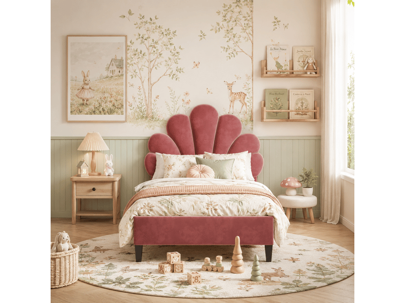  Lit simple enfant 90x200 avec sommier à lattes en bois - lit fille avec tête de lit réglable en forme de fleur - velours doux, rouge  - Conforama W