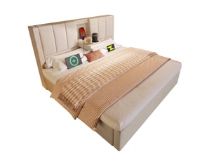 Lit double avec rangement hydraulique 160 x 200 cm en lin beige avec sommier à lattes