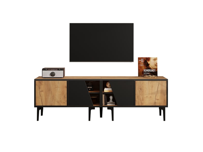  Meuble tv bas design 160 x 36,5 x 45 cm 4 compartiments portes obliques 7 pieds panneau de particules naturel et noir  - Conforama A