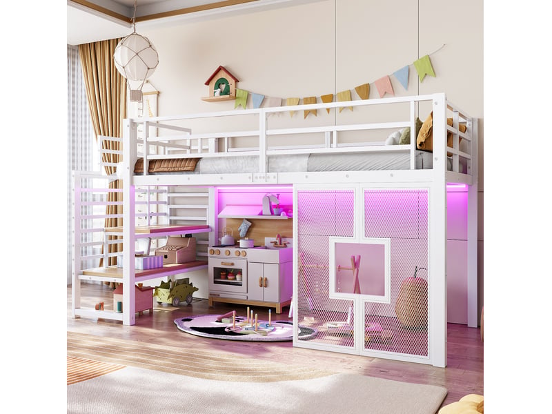  Lit mezzanine, 90x200 cm, pour chambre, lit enfant, escalier avec rangement, led, fenêtres, métal et mdf, coloris blanc  - Conforama B
