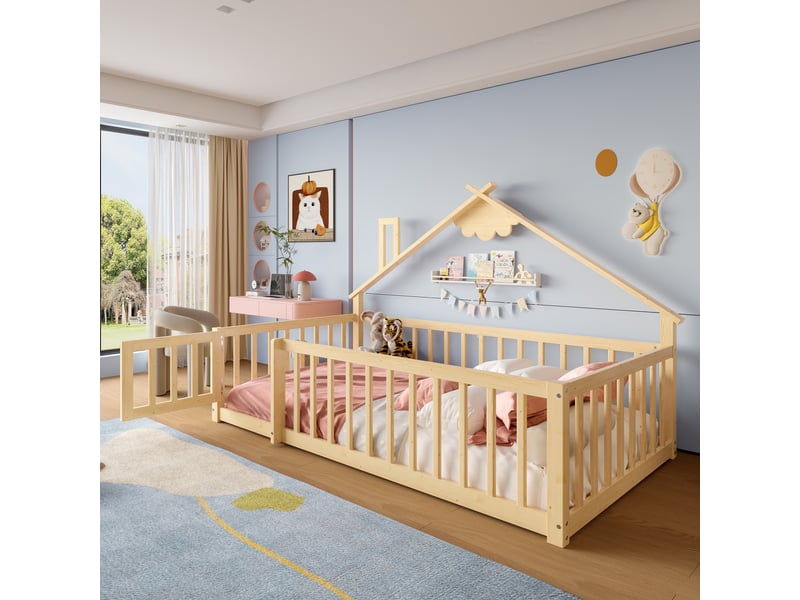  Lit enfant cabane 90x190 cm avec barrière verrouillable en pin et mdf naturel  - Conforama D