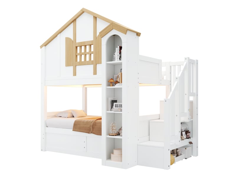 Lit superposé enfant 90 x 200 cm blanc et naturel avec rangement hydraulique et led - Conforama A