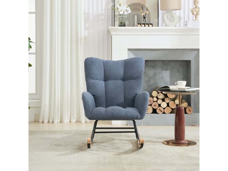  Fauteuil à bascule ergonomique, accoudoirs et dossier à oreilles, tissu teddy bleu marine  - Conforama D
