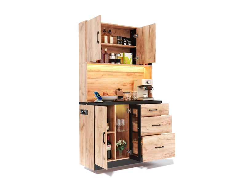  Buffet haut 105x40x180 cm avec éclairage led réglable, buffet de cuisine en couleur bois naturel, buffet salon avec prise électrique  - Conforama C